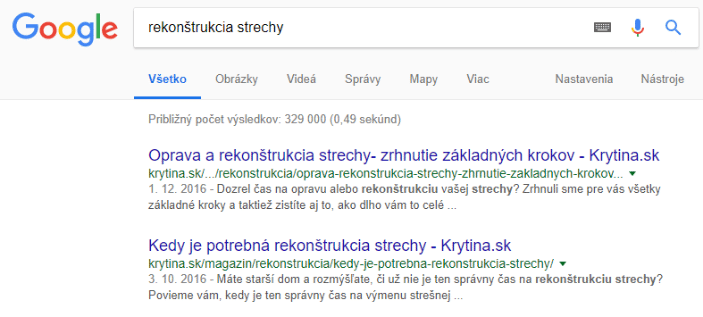 Medzi kľúčovými slovami na top 3 pozícii sú frázy ako: rekonštrukcia strechy, oprava strechy, plechová strecha, valbová strecha, zastrešenie terasy, typy striech a pod.